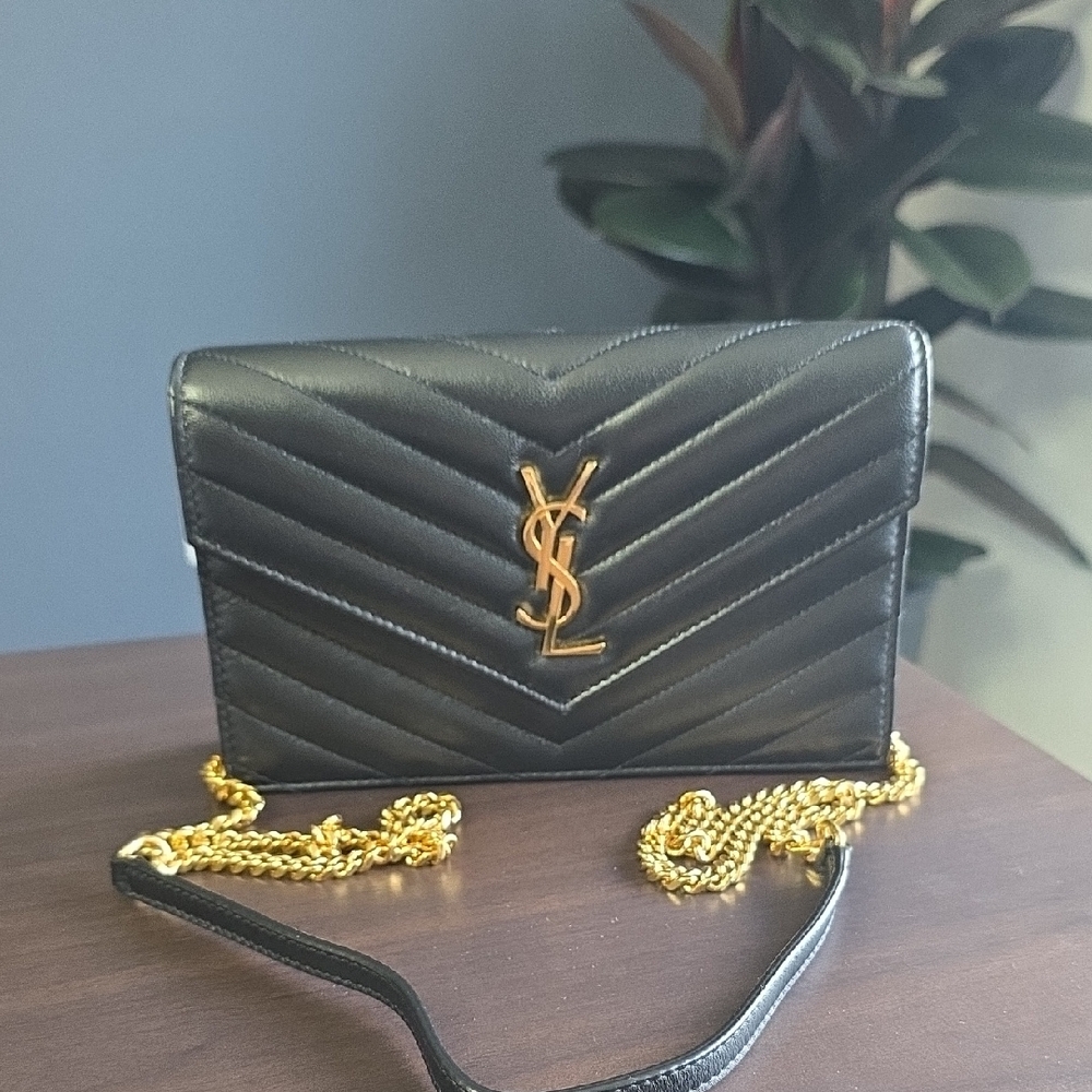 Saint Laurent Black Quilted Leather Crossbody with Gold YSL Hardware